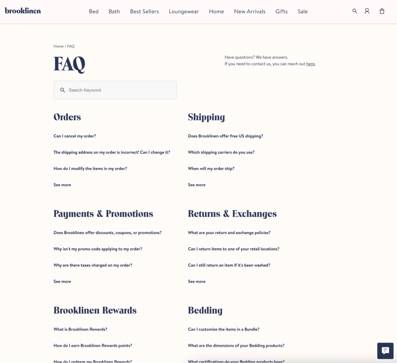 Contoh halaman FAQ ecommerce yang mudah diakses