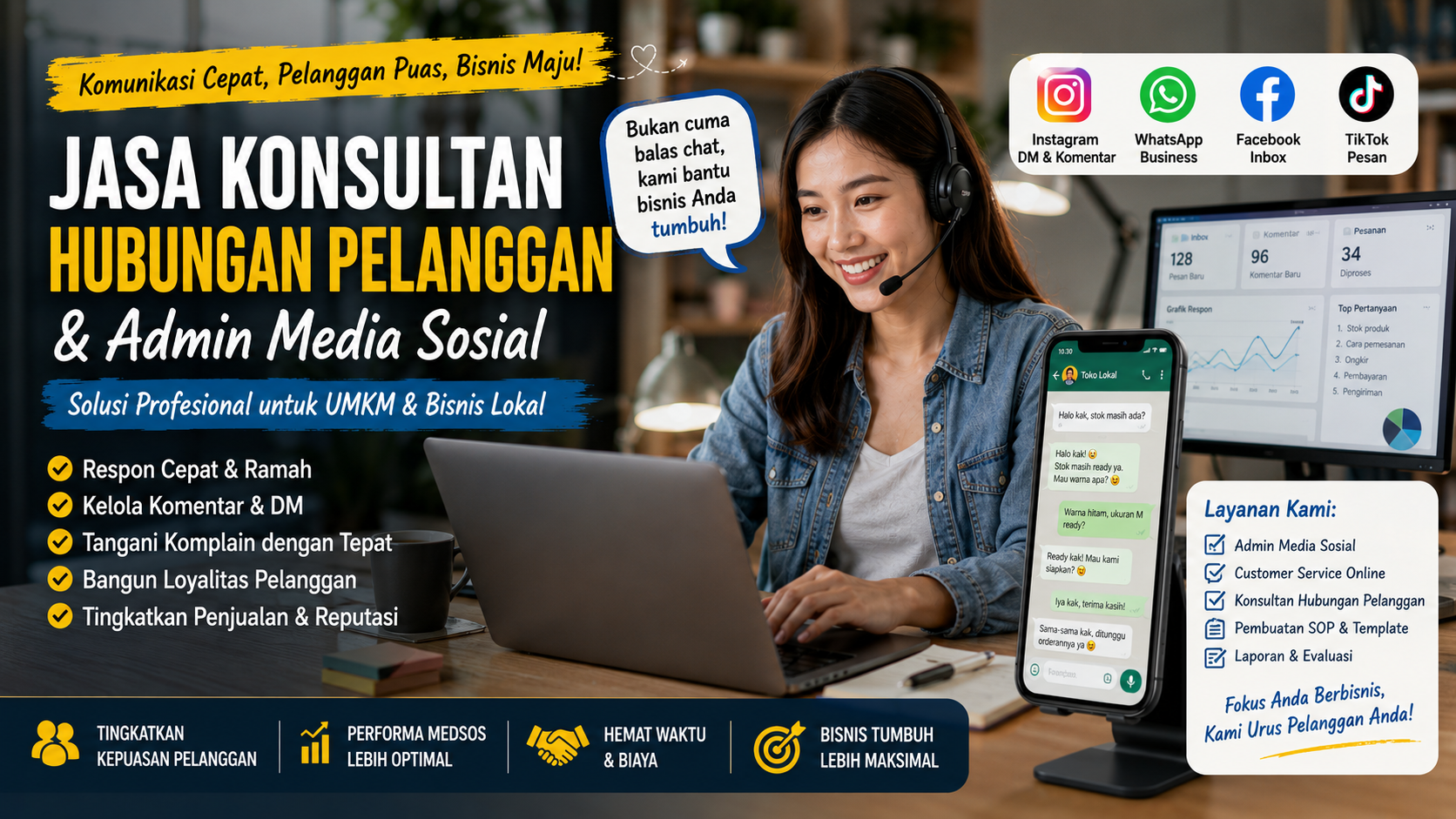 Jasa konsultan hubungan pelanggan dan admin media sosial untuk UMKM