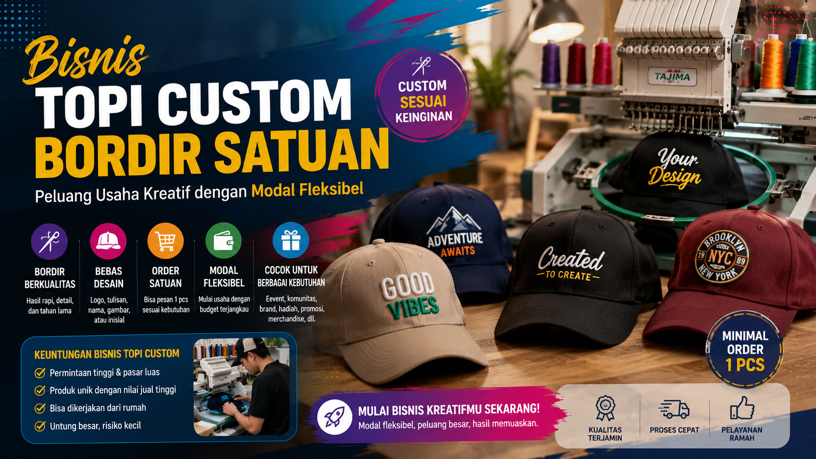 Peluang Bisnis Topi Custom Bordir Satuan, Cocok untuk Usaha Rumahan